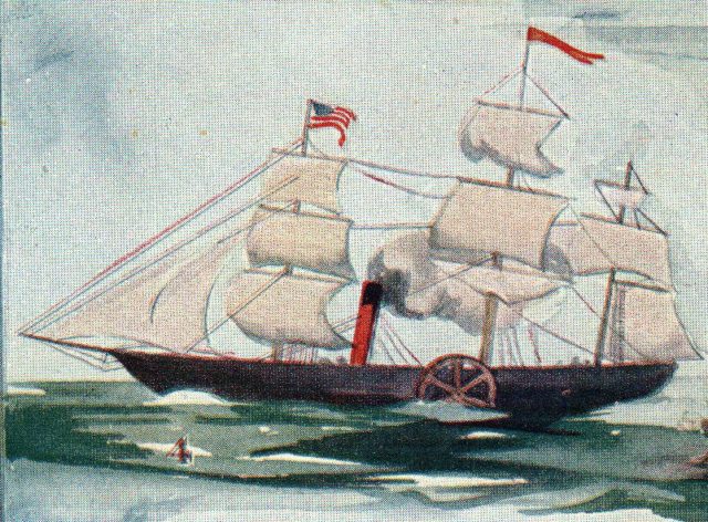 An illustration of the SS Savannah on water.