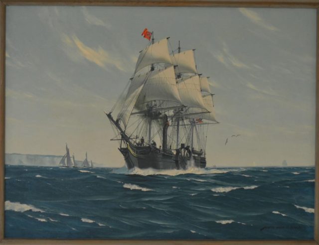 Illustration of the SS Savannah on the ocean, smaller ships in the background.