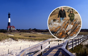 An image of the shore on Fire Island with a lighthouse in the background, a photo of the shipwreck with two people standing behind it on top.
