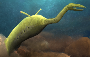 A Tully monster, with eyes on the end of tubes and a long claw appendage, swimming in water