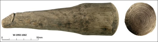 Side and back image of the wooden object believed to be a sex toy.