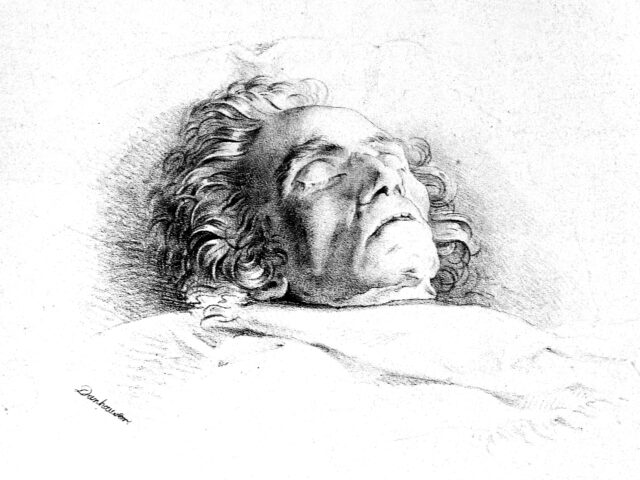 Scetch of Beethoven on his deathbed by Josef Danhauser in 1827.