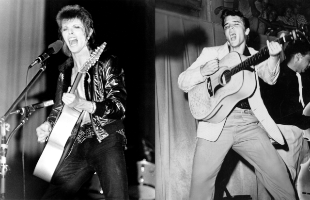 David Bowie plays acoustic guitar onstage in 1973, left, and Elvis Presley performing on stage in 1955