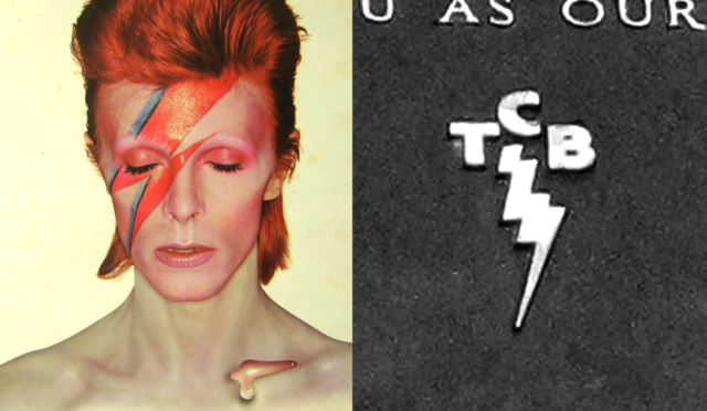 David Bowie on the cover of Aladdin Sane, left, and Elvis Presley's TCB logo, right