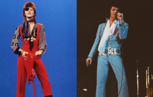 David Bowie in red on the left, and Elvis in blue on the right