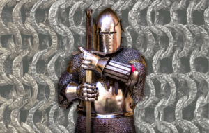 A knight holding a sword downward in front of him, a close up of chain mail i the background.