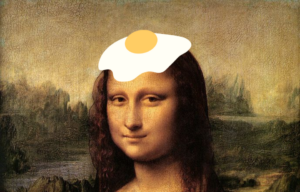 Mona Lisa with a cartoon egg on her head.
