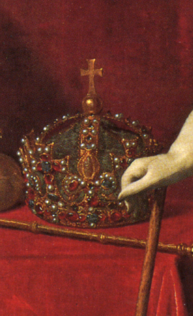 Painting of Charles I's crown, his hand on a staff in the image.