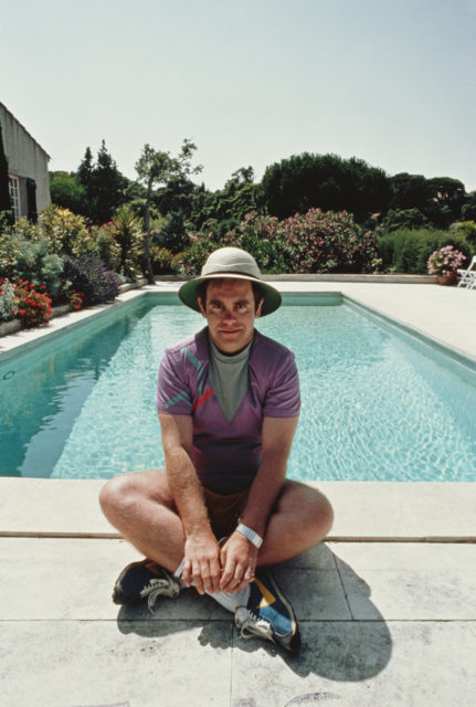 Elton John in front of the pool at his villa in Saint-Tropez in the south of France