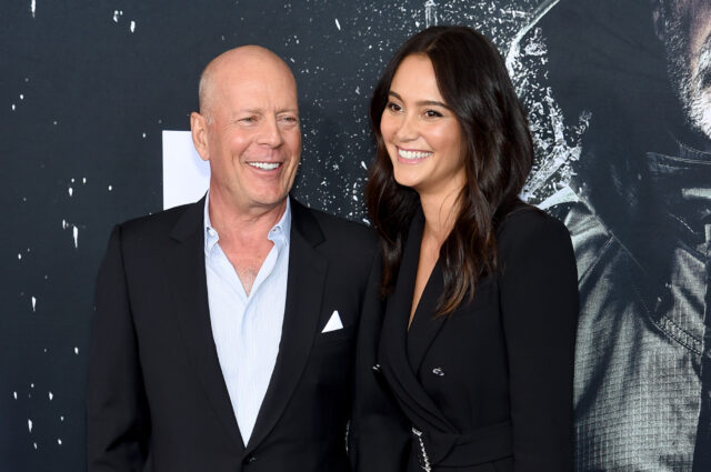 Headshot of Bruce Willis with wife Emma Heming Willis.