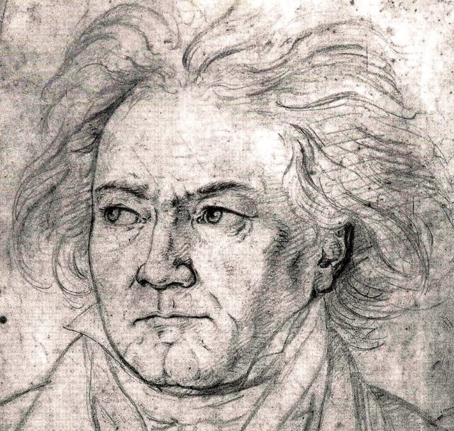 Sketch of Beethoven with his hair flowing wildly