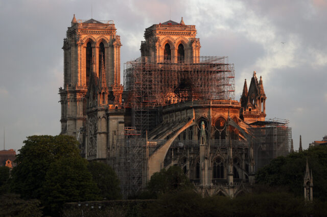 View of the back of the Notre Dame cathedral with scaffolding.