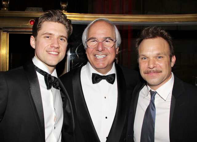  Aaron Tveit , Frank Abagnale Jr. and Norbert Leo Butz pose together in black suits.