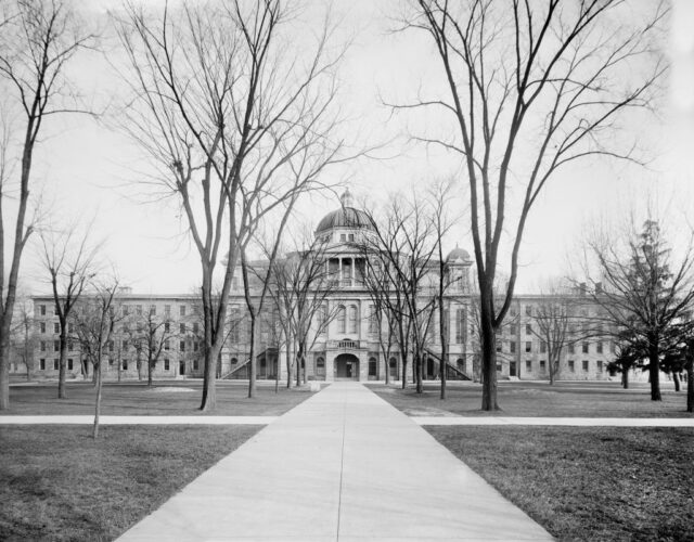 View of the front of University Hall, University of Michigan, where John List earned his degree. 