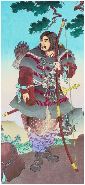 An illustration of Emperor Jimmu holding a bow.