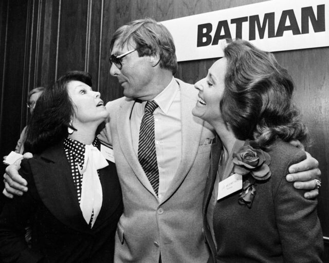 Cast members from 'Batman' (L to R): Yvonne Craig, Adam West and Lee Meriwether at a party