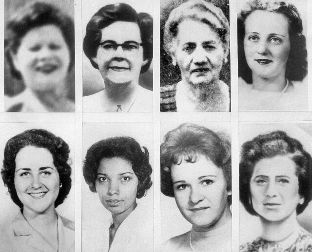 Headshots of Rachel Lazarus, Helen E. Blake, Ida Irga, Mrs. J. Delaney, Patricia Bissette, Daniela M. Saunders, Mary A. Sullivan, and Mrs. Israel Goldberg.