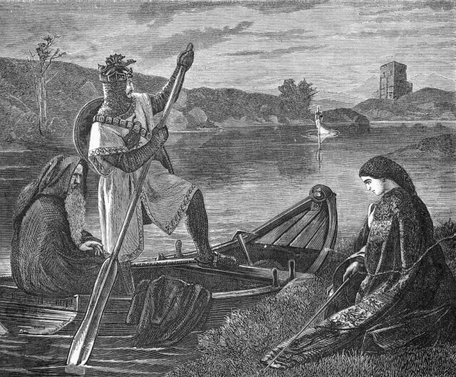 Line sketch of King Arthur rowing a boat towards Excalibur floating up from a lake. 