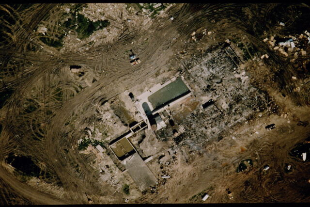 Aerial view of buildings in the Waco compound following the fire.