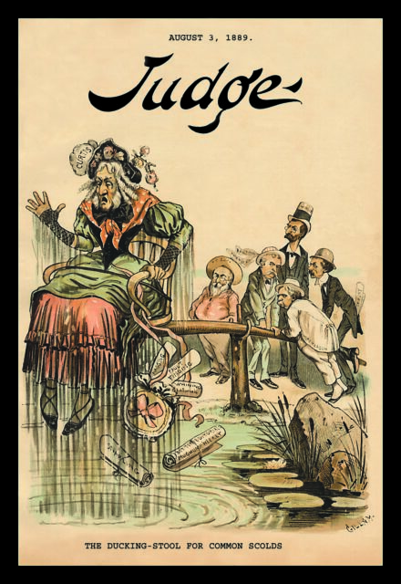 An illustration of a woman being ducked into water on a ducking stool.