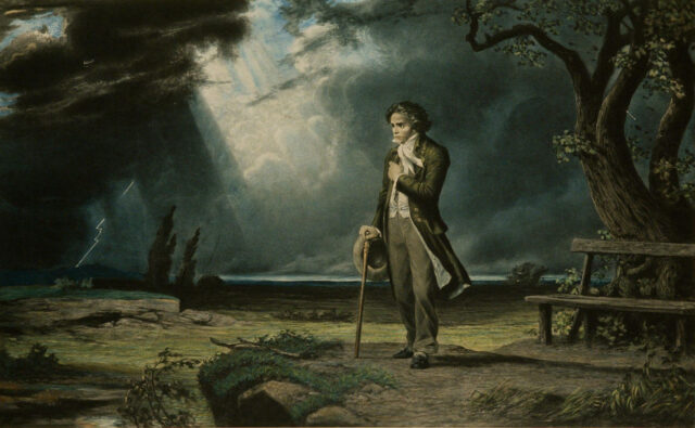 Drawing of Beethoven walking in a park at night under a full moon