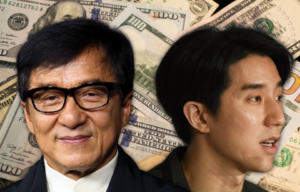 Headshot of Jackie Chan, son Jaycee Chan, both over an image of a pile of money