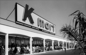 black and white image of a Kmart storefront