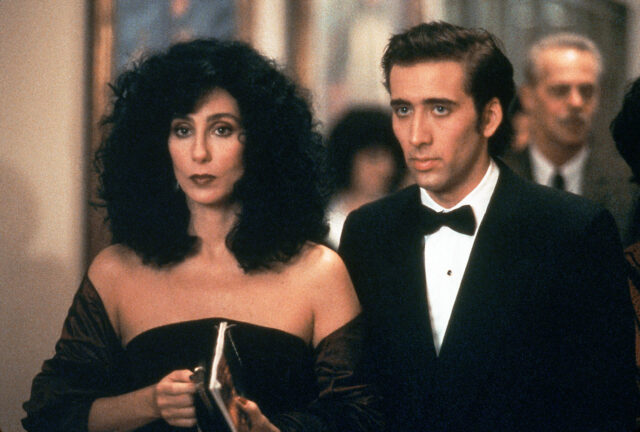 A still of Cher and Nicolas Cage from the film "Moonstruck"