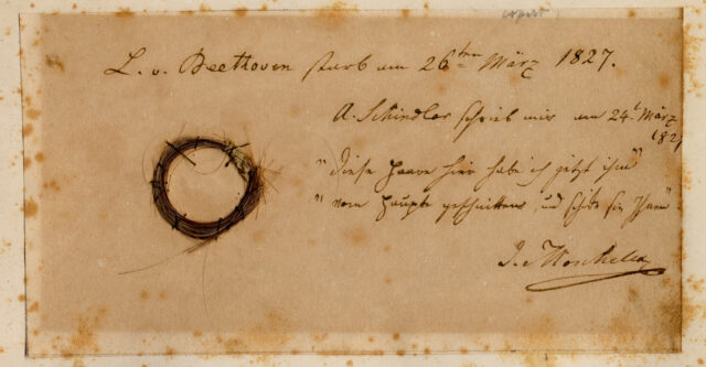 Photograph of a lock of Beethoven's hair attached to a letter