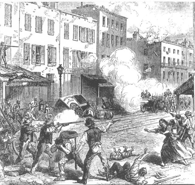 Line drawing of Bowery Gang clashing with police in a New York street.