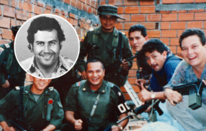 Several members of the Search Bloc smiling for a photo, one holding a gun. A mugshot of Pablo Escobar on top.