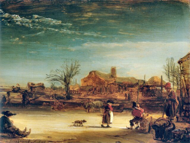 Rembrandt's 'Winter Landscape,' an open plain with people and houses. 