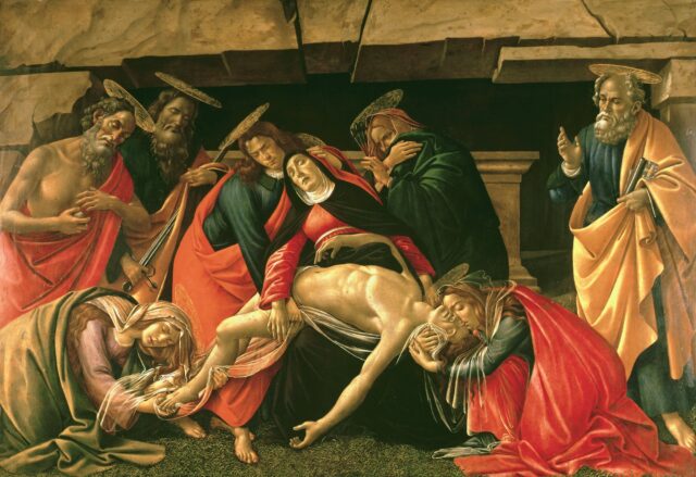 Painting, 'The lamentation over the dead Christ,'depicting a group of people holding his dead body.