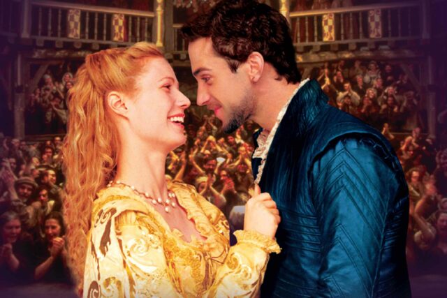 Gwyneth Paltrow as Viola De Lesseps in a yellow gown, and Joseph Fiennes as Will Shakespeare in a blue jacket.