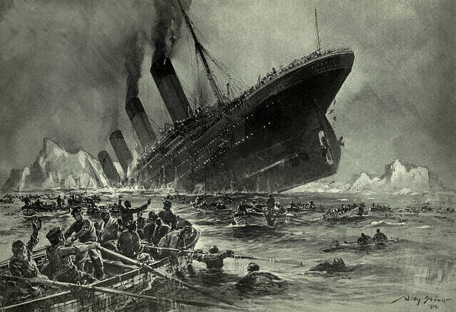an engraving showing the Titanic going down