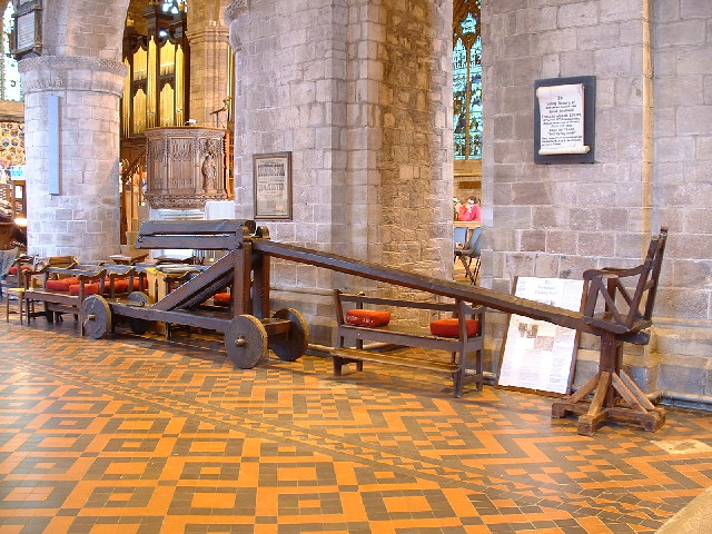 A ducking stool on display.