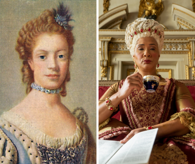 Side-by-side image of the real Queen Charlotte and her character played by Golda Rosheuvel in Bridgerton.