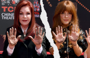 Photo of Priscilla Presley and Riley Keough holding their hands up with a rip through the middle.