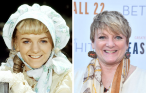 Side by side images of young Alison Arngrim in a white bonnet, and her now with short hair, a light colored shirt, and a scarf.