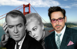 Portraits of James Stewart and Kim Novak, as well as Robert Downey Jr., all in front of a photo of the Golden Gate Bridge.