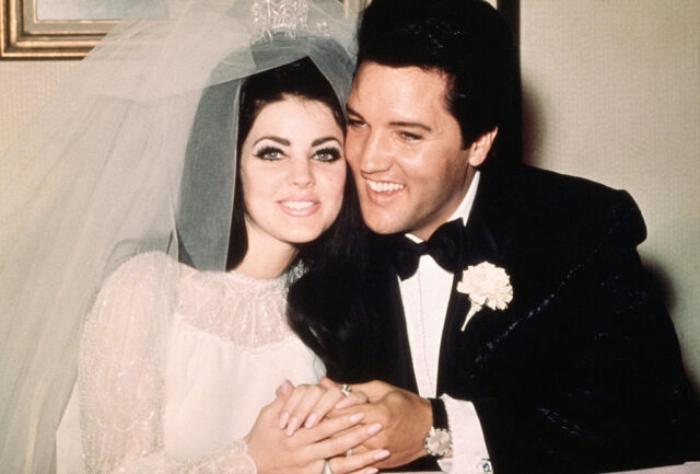 Portrait of Elvis and Priscilla Presley in their wedding attire