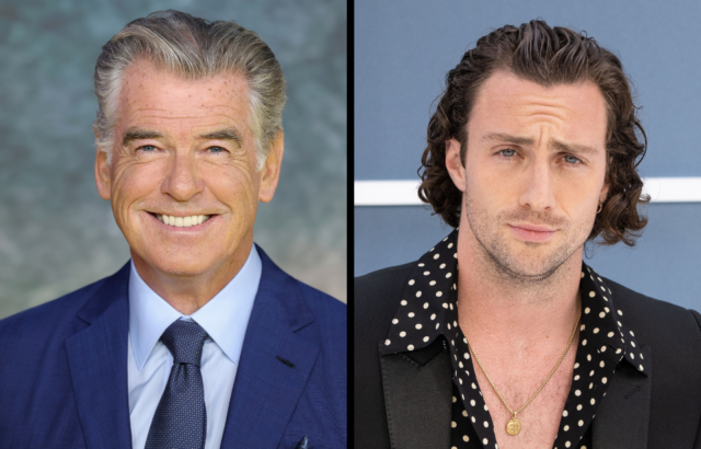 Headshots of Pierce Brosnan and Aaron Taylor-Johnson.