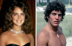 Brooke Shields in an evening dress, left, and JFK Jr. shirtless at the beach on the right