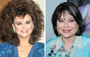 Side by side images of a young Delta Burke with large hair and a blue dress, and now with short black hair and a blue shirt.