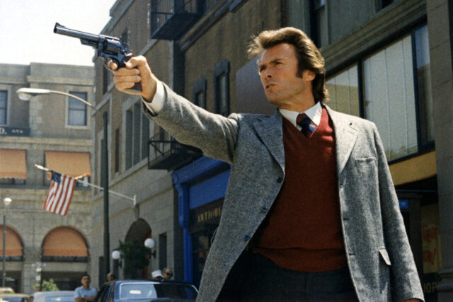 Clint Eastwood, as Dirty Harry, points his Smith & Wesson .44 Magnum in a scene from Dirty Harry.
