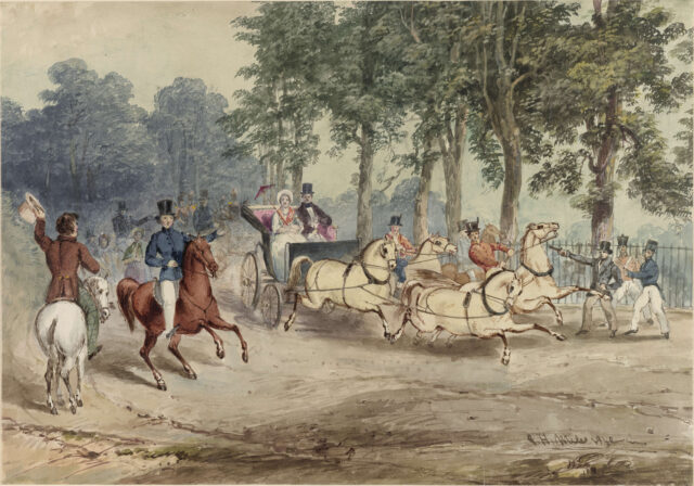Painting by G.H. Miles depicting Edward Oxford shooting at Queen Victoria. The Queen and Prince Albert sit in a phaeton with four horses as Oxford, at the far right, points a pistol, and fires it. 