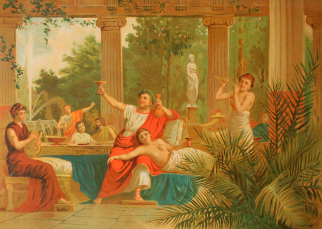 Painting of a group wearing robes sitting around, drinking and participating in ancient sex.