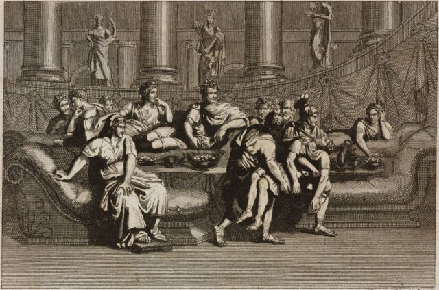 An illustration of Emperor Nero watching as Britannicus is killed by poison.