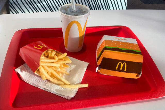 A tray with Big Mac, french fries, and Coca-Cola is seen on a table in this illustration photo taken in McDonald's restaurant in Krakow, Poland on November 9, 2022.