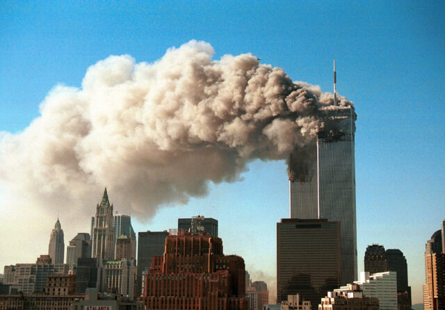 Smoke coming off of the Twin Towers of the World Trade Center after they were struck on September 11, 2001.